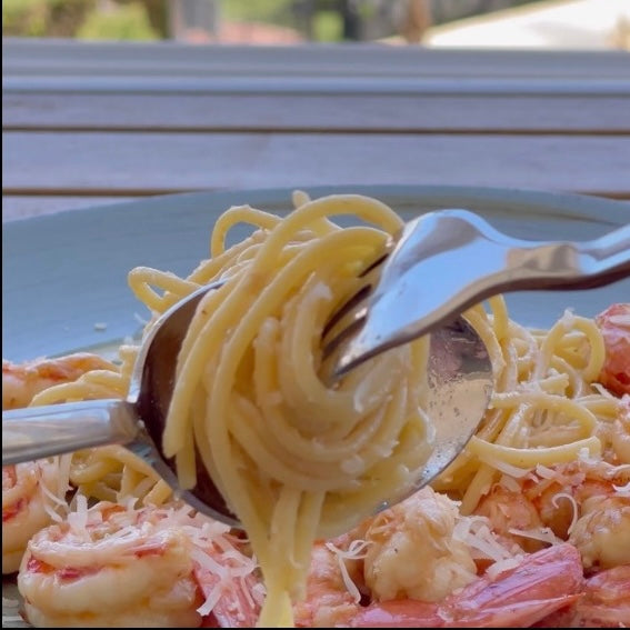 Pasta con gambas. ¡Te chuparás los dedos!